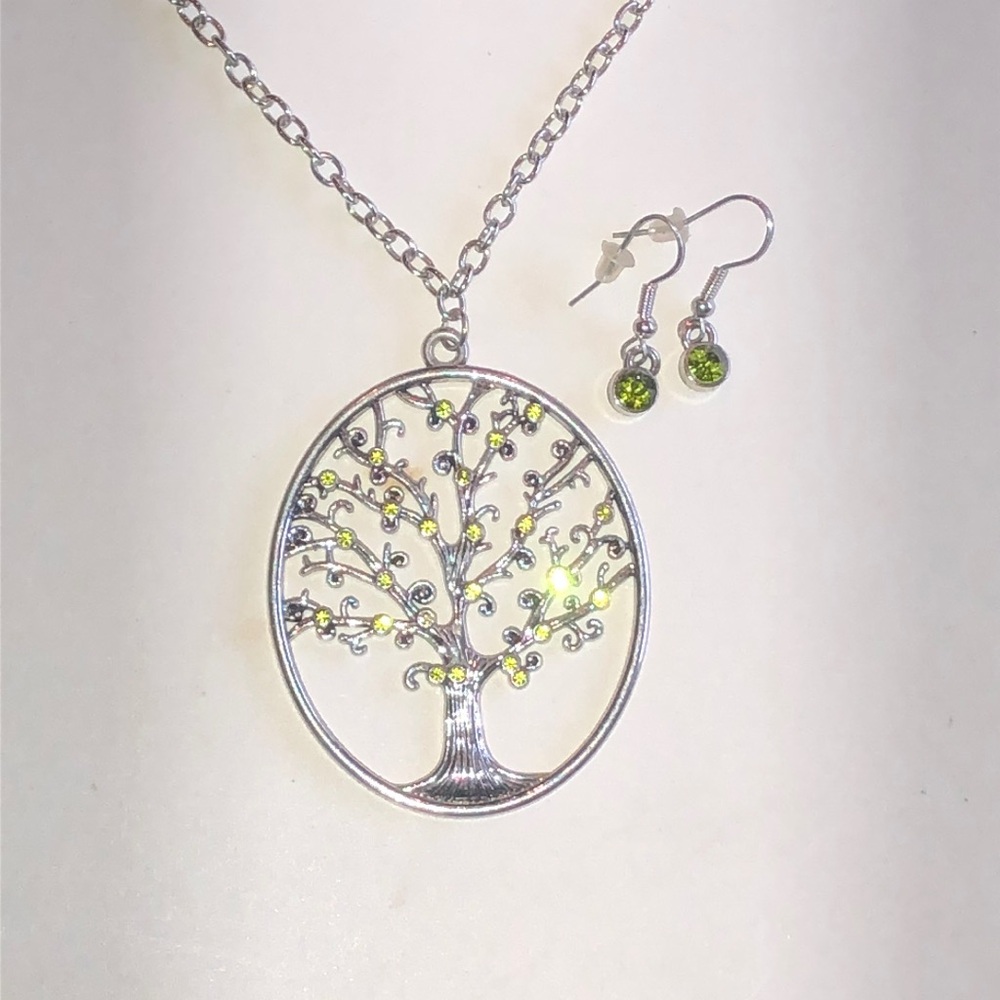 Silver Tone Tree of Life Necklace and Green CZ Earrings - Picture 1 of 4